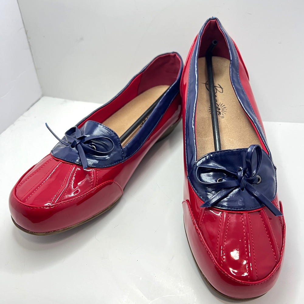 Beacon Misty Womens Red Navy Blue‎ Colorblock Duck Bow Rain Loafers Size 12M